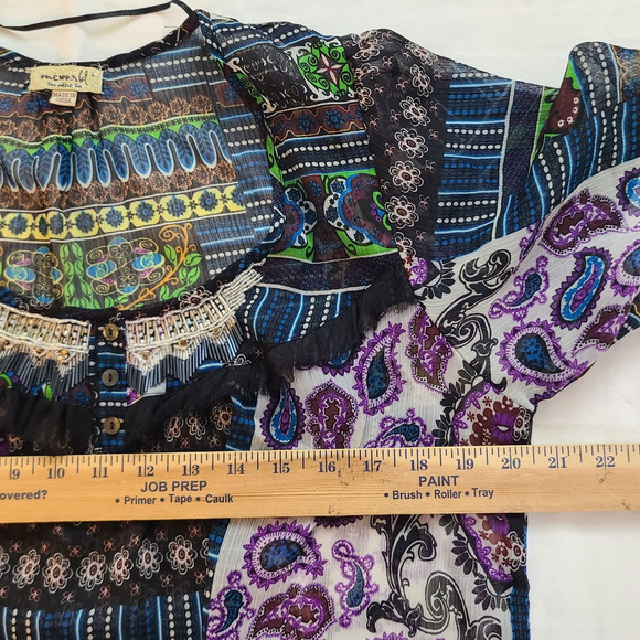 One World Sheer Boho Top Paisley Floral Patchwork Print Beaded Ruffles Size L - Picture 9 of 10